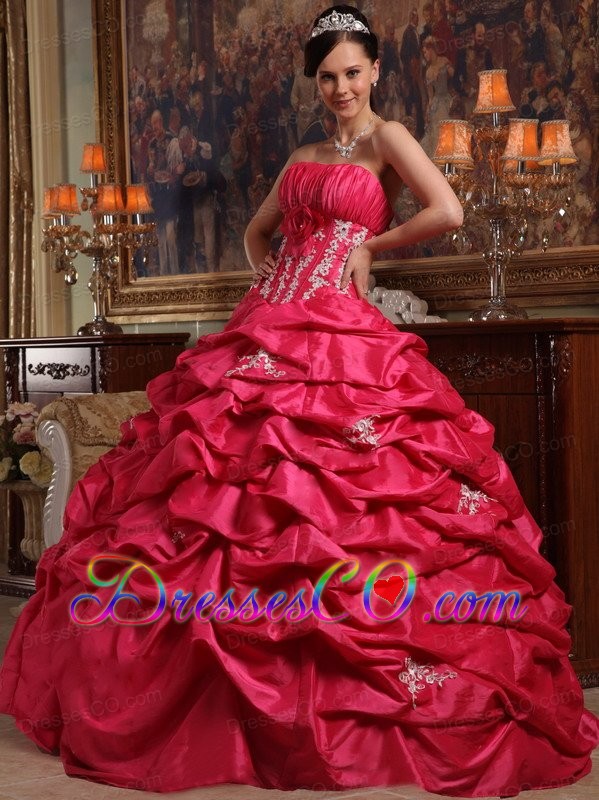 Coral Red Ball Gown Strapless Long Appliques Taffeta Quinceanera Dress