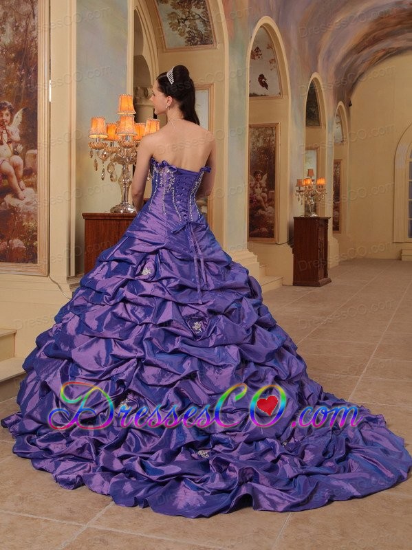 Purple Ball Gown Strapless Court Train Pick-ups Taffeta Quinceanera Dress
