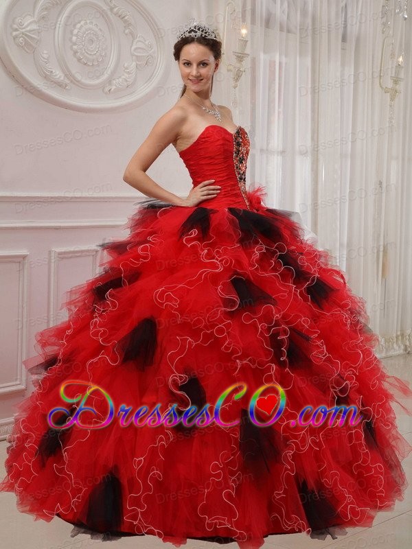 Red And Black Ball Gown Long Organza Beading And Ruching Quinceanera Dress