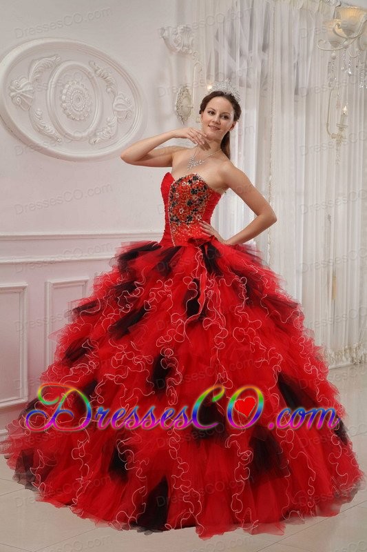 Red And Black Ball Gown Long Organza Beading And Ruching Quinceanera Dress