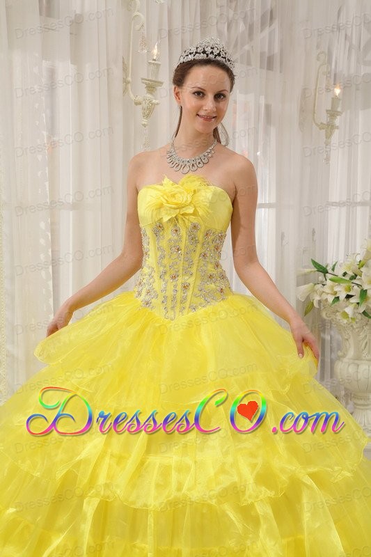 Yellow Ball Gown Strapless Long Taffeta And Organza Beading Quinceanera Dress