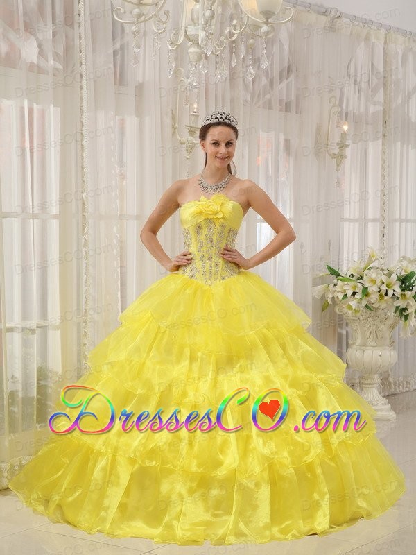 Yellow Ball Gown Strapless Long Taffeta And Organza Beading Quinceanera Dress