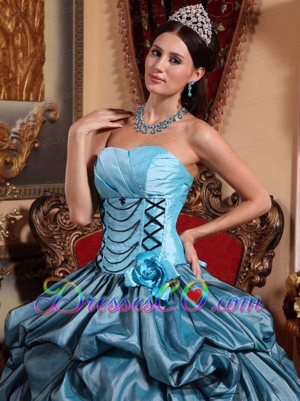 Blue Ball Gown Strapless Long Taffeta Hand Made Flower Quinceanera Dress