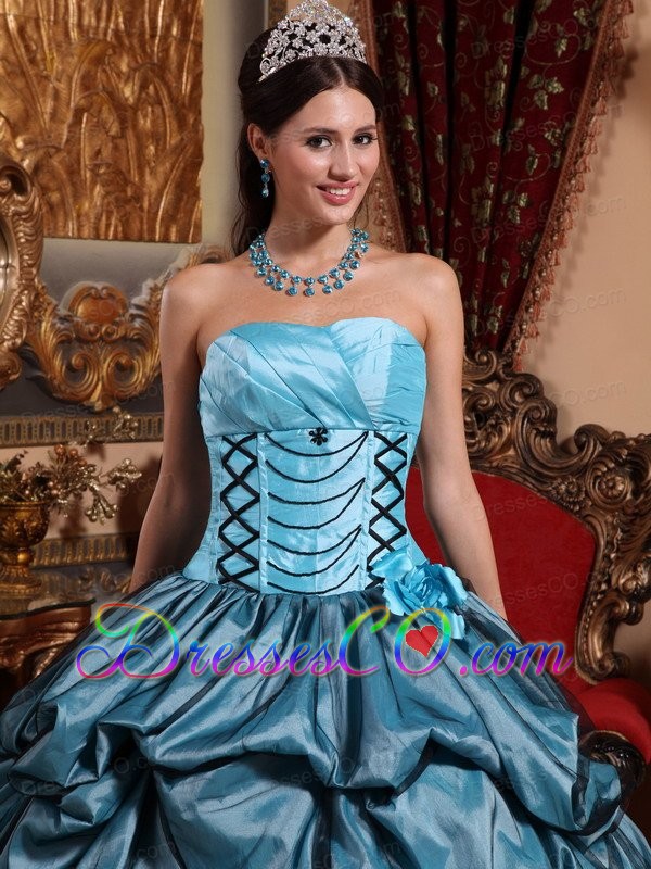 Blue Ball Gown Strapless Long Taffeta Hand Made Flower Quinceanera Dress