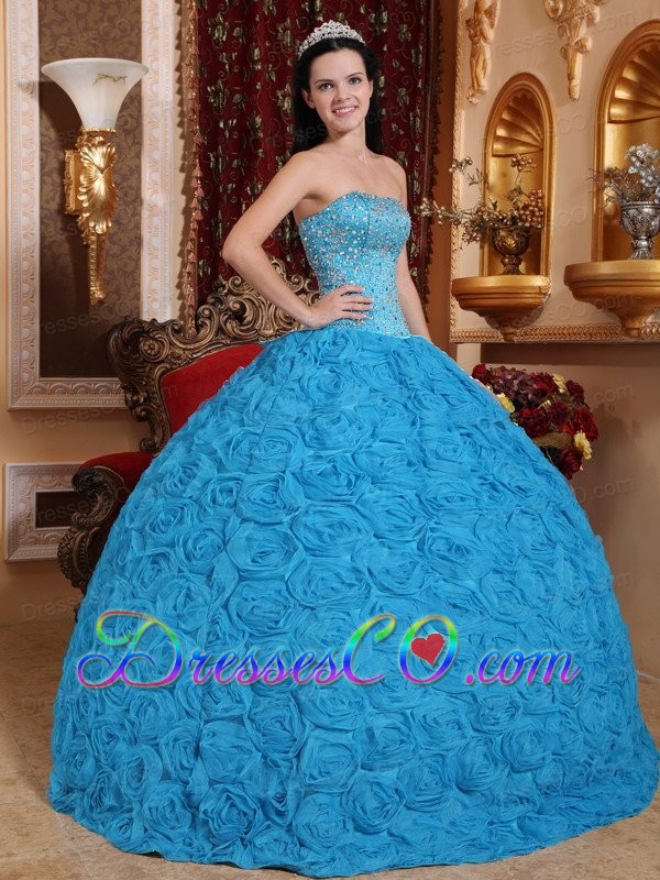 Blue Ball Gown Strapless Long Fabric With Rolling Flowers Beading Quinceanera Dress