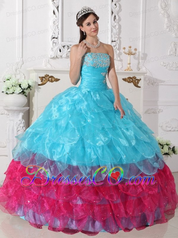 Aqua Blue And Hot Pink Ball Gown Strapless Long Organza Appliques Quinceanera Dress