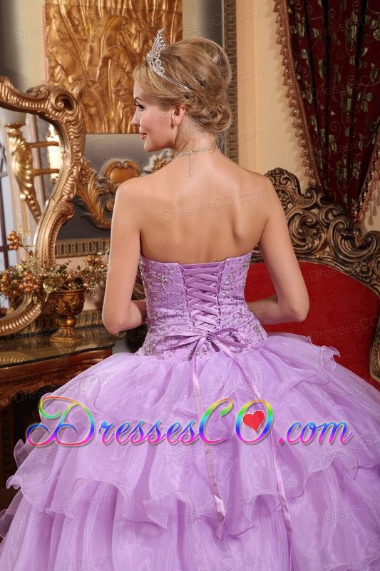 Lavender Ball Gown Strapless Long Organza Beading Quinceanera Dress