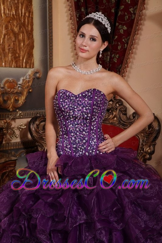 Purple Ball Gown Long Organza Sequins Quinceanera Dress