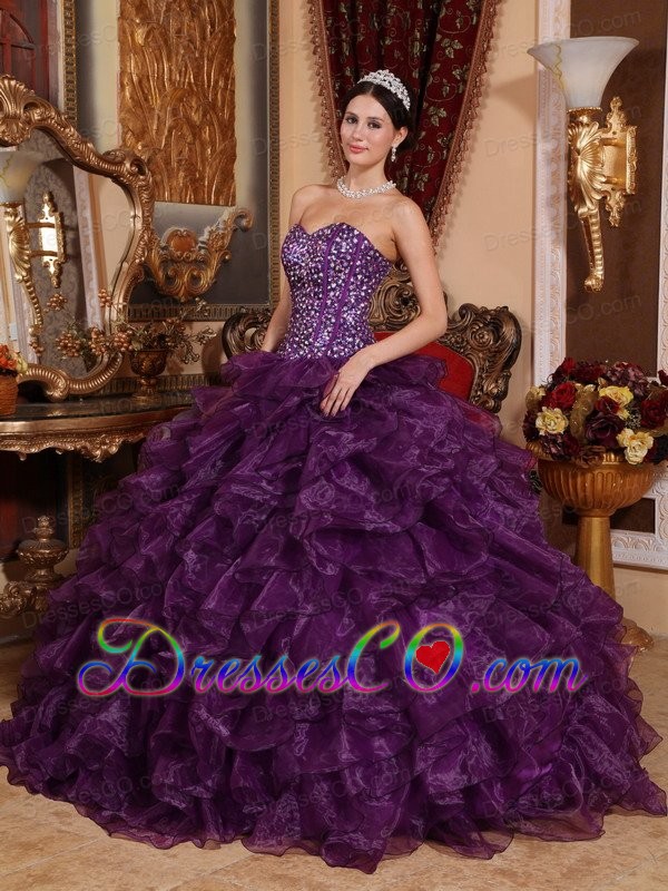 Purple Ball Gown Long Organza Sequins Quinceanera Dress