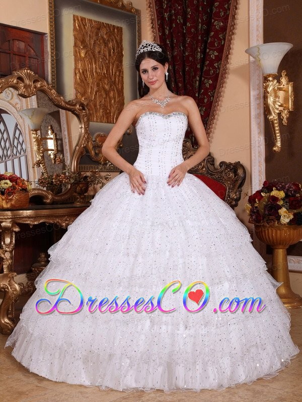 White Ball Gown Strapless Long Taffeta And Tulle Beading Quinceanera Dress