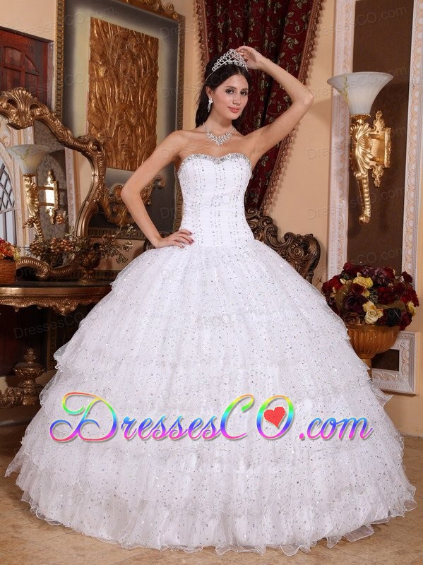 White Ball Gown Strapless Long Taffeta And Tulle Beading Quinceanera Dress