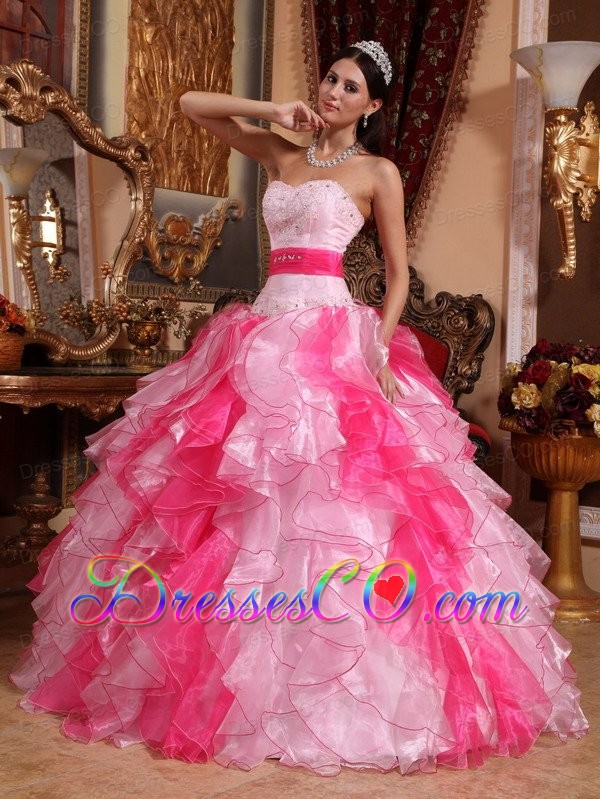 Multi-colored Ball Gown Long Organza Beading And Ruching Quinceanera Dress