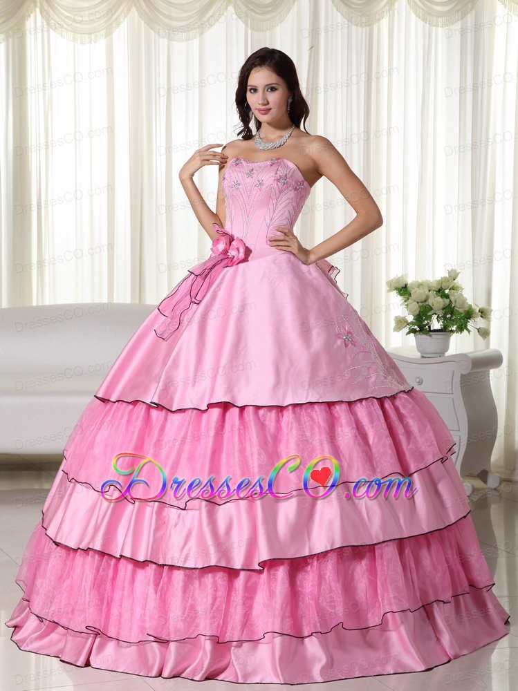 Rose Pink Ball Gown Strapless Long Taffeta Beading Quinceanera Dress