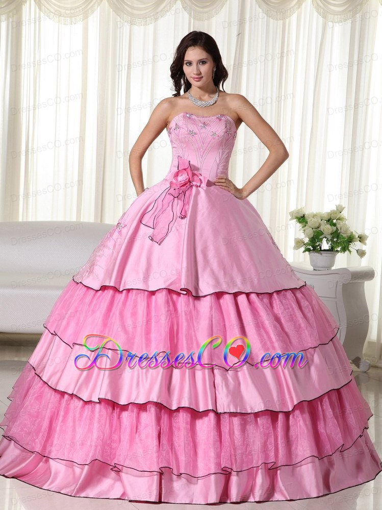 Rose Pink Ball Gown Strapless Long Taffeta Beading Quinceanera Dress