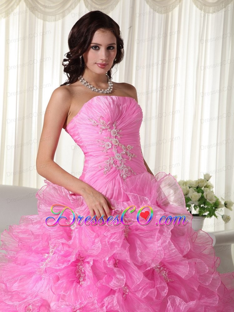 Rose Pink Ball Gown Strapless Long Organza Appliques Quinceanera Dress