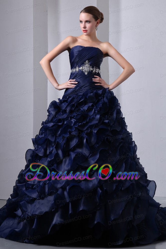 Navy Blue A-Line / Princess Strapless Court Train Taffeta and Organza Beading and Ruching Quinceanea Dress