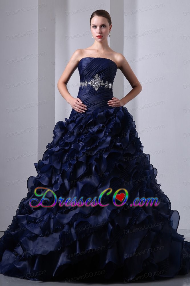 Navy Blue A-Line / Princess Strapless Court Train Taffeta and Organza Beading and Ruching Quinceanea Dress