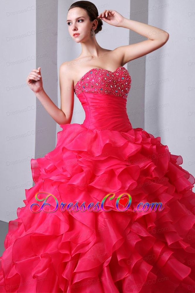 Coral Red A-line / Princess Long Organza Beading And Ruffles Quinceanea Dress