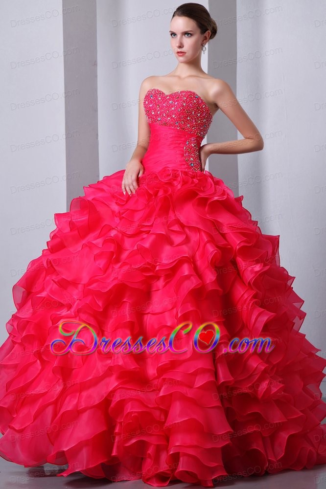 Coral Red A-line / Princess Long Organza Beading And Ruffles Quinceanea Dress