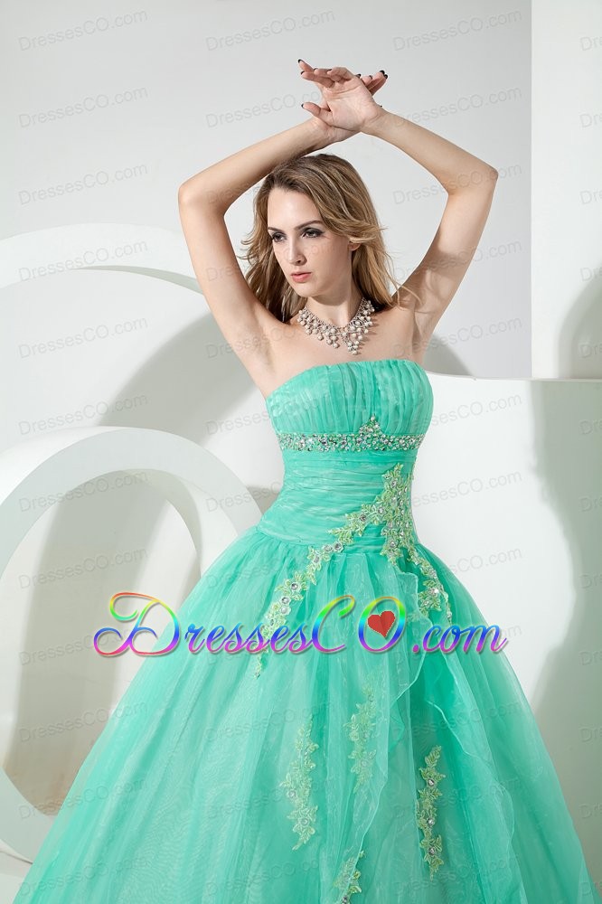 Turquoise Ball Gown Strapless Long Organza Beading And Embroidery Quinceanera Dress