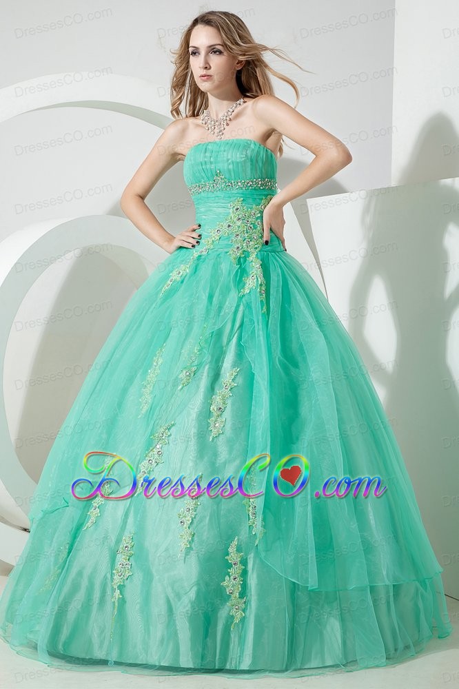 Turquoise Ball Gown Strapless Long Organza Beading And Embroidery Quinceanera Dress