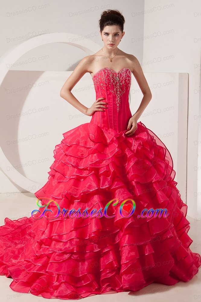 Coral Red A-line / Princess Brush Train Organza Beading Prom Dress
