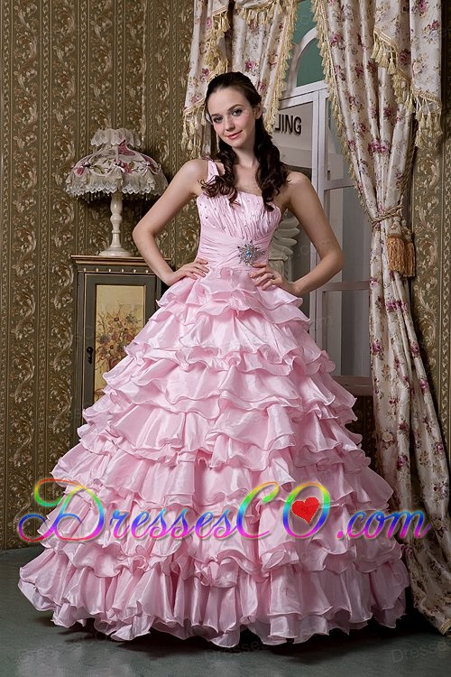 Baby Pink A-line One Shoulder Long Elastic Woven Satin Beading Ruffled Layers Quinceanea Dress