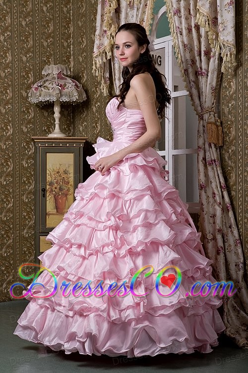 Baby Pink A-line One Shoulder Long Elastic Woven Satin Beading Ruffled Layers Quinceanea Dress