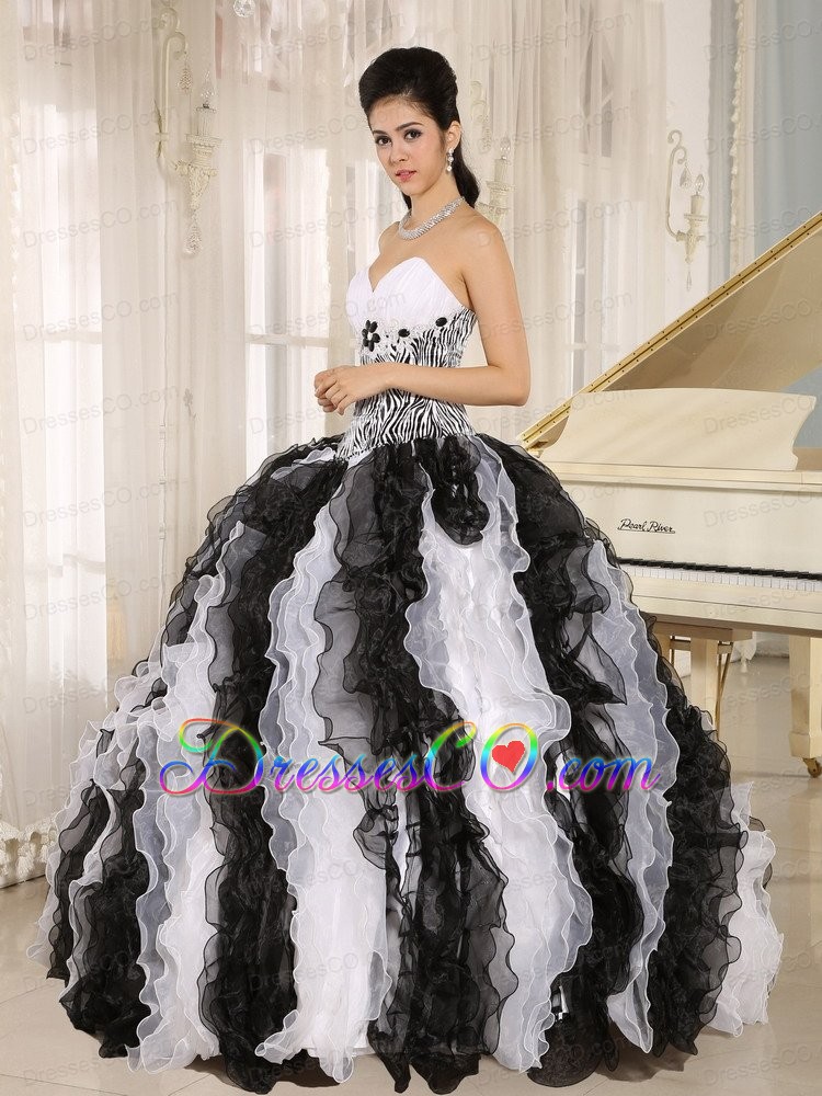 White and Black Ruffles Quinceanera Dress With Appliques For Custom Made