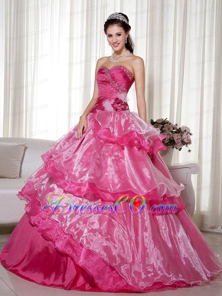 Hot Pink Ball Gown Long Taffeta And Organza Beading And Hand Made Flower Quinceanera Dress