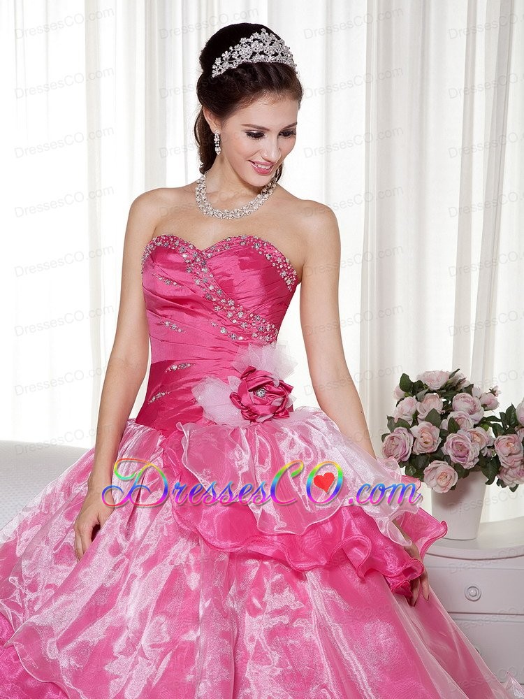 Hot Pink Ball Gown Long Taffeta And Organza Beading And Hand Made Flower Quinceanera Dress
