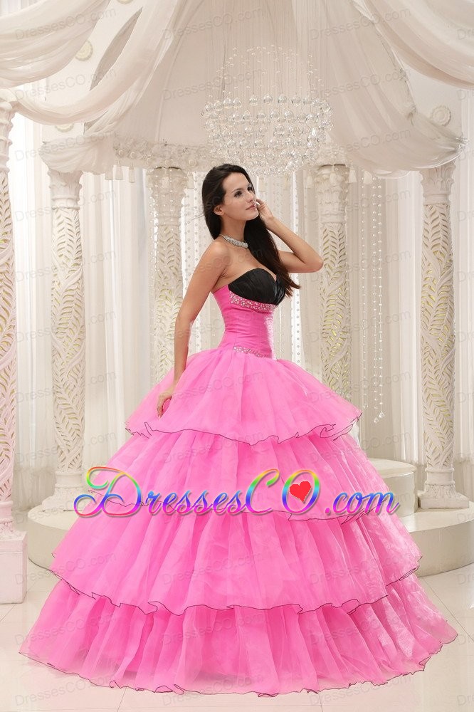 Rose Pink Beaded and Layers Ball Gown Quinceanera Dress Taffeta and Organza