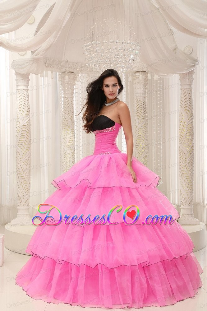 Rose Pink Beaded and Layers Ball Gown Quinceanera Dress Taffeta and Organza