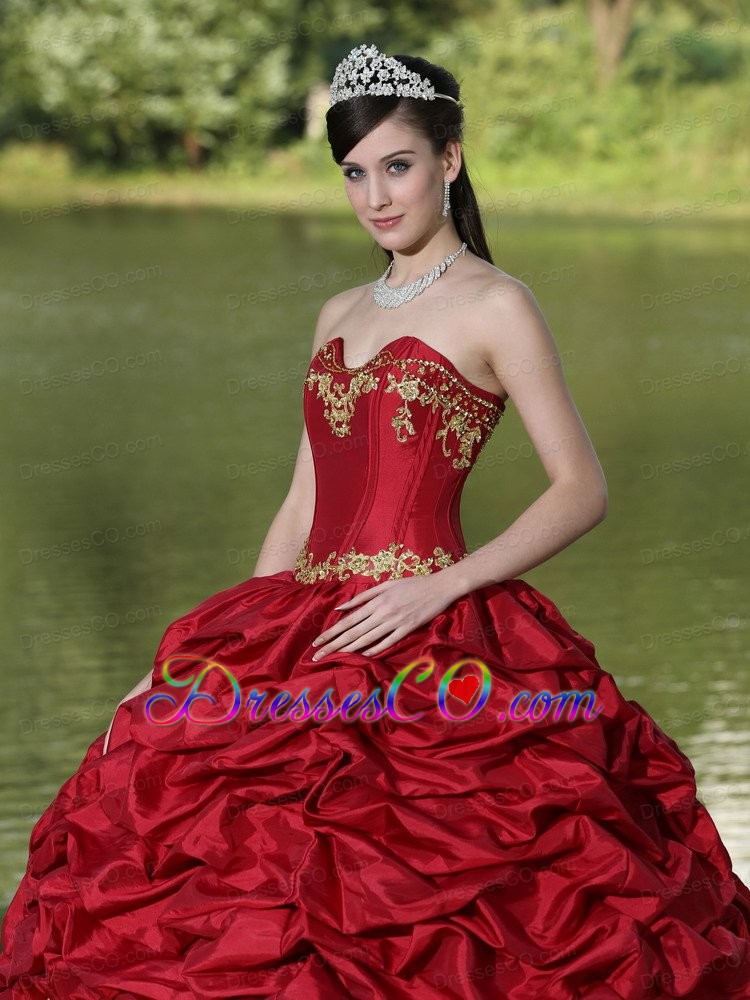 Appliques and Pick-ups Wine Red Brush Train Exquisite Style For Quinceanera Dress