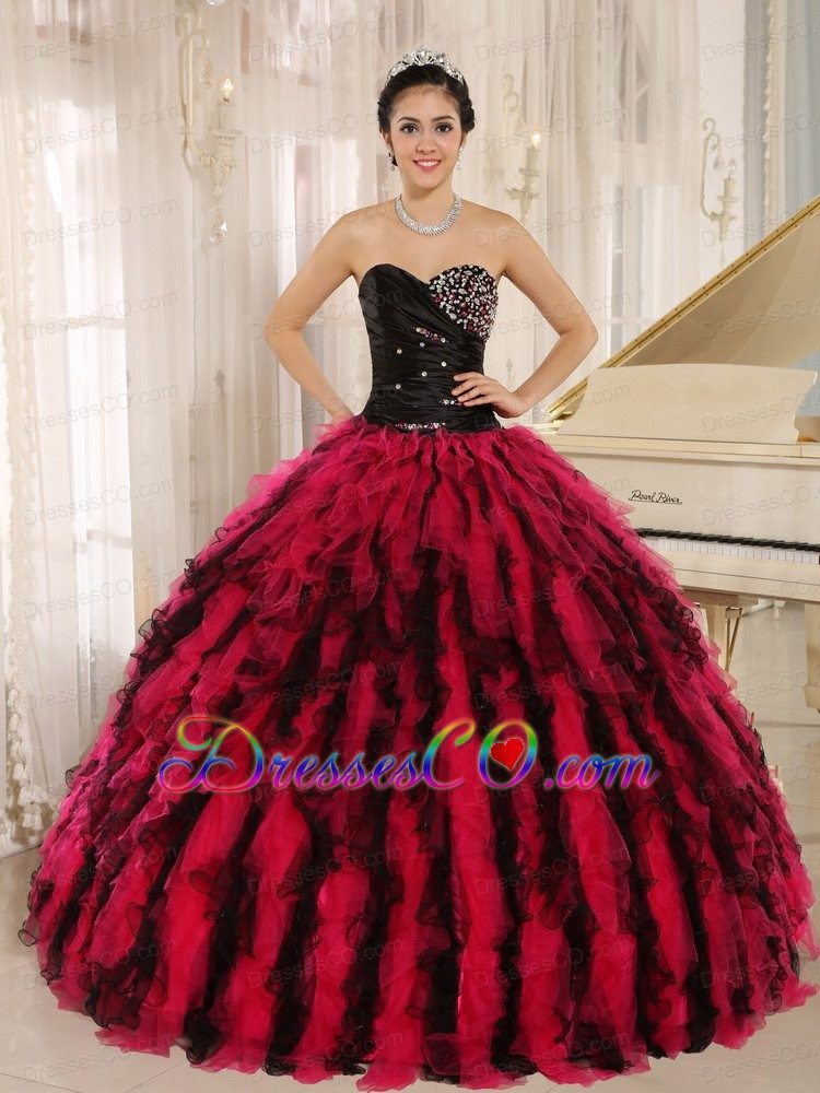 Beaded and Ruffled For Black and Hot Pink Quinceanera Dress