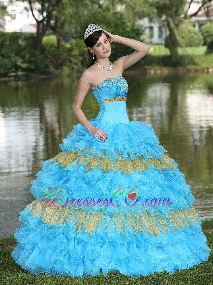 Beaded Decorate Bust Sequins Organza Aqua Blue And Yellow Strapless Long Tiered Sweet Quinceanera Dress For 2013