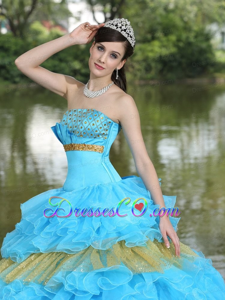 Beaded Decorate Bust Sequins Organza Aqua Blue And Yellow Strapless Long Tiered Sweet Quinceanera Dress For 2013
