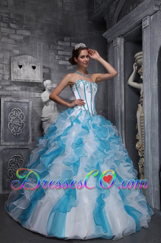 Sweet Ball Gown Long Taffeta And Organza Appliques White And Blue Quinceanera Dress