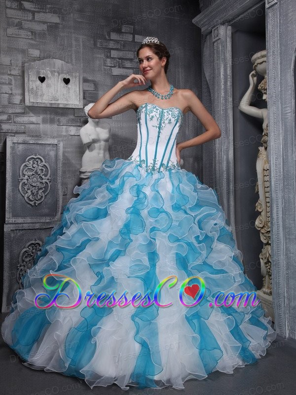 Sweet Ball Gown Long Taffeta And Organza Appliques White And Blue Quinceanera Dress
