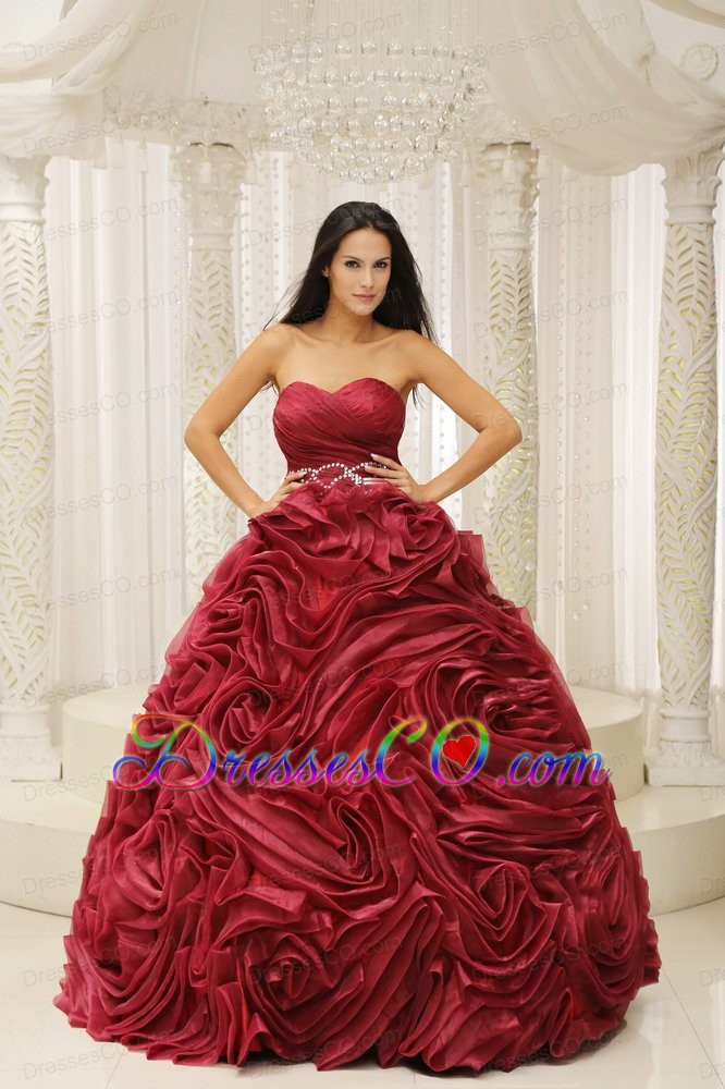 Wine Red Neckline Beaded Decorate Waist Hand Made Flower A-line Quinceanera Dress For Formal Evening