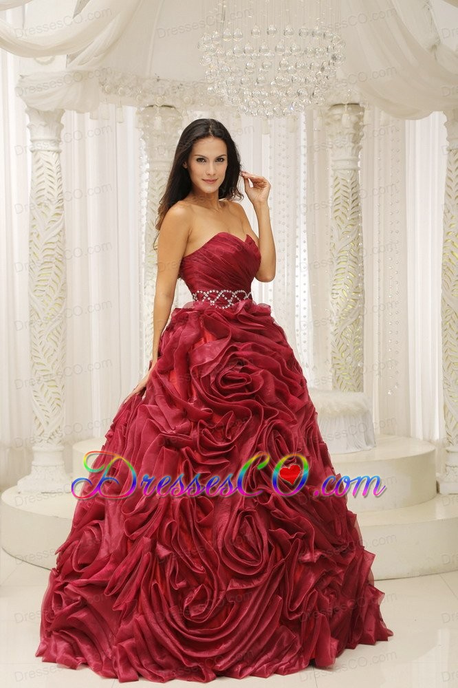 Wine Red Neckline Beaded Decorate Waist Hand Made Flower A-line Quinceanera Dress For Formal Evening