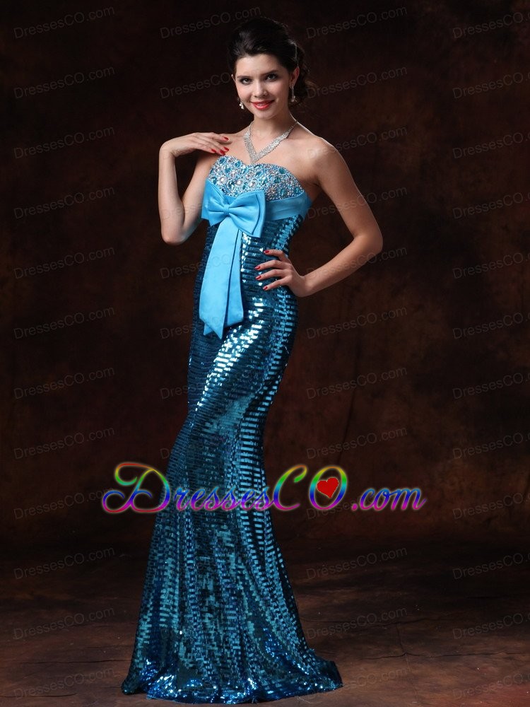 Paillette Over Skirt Bowknot Prom Gowns with Beading Custom Made