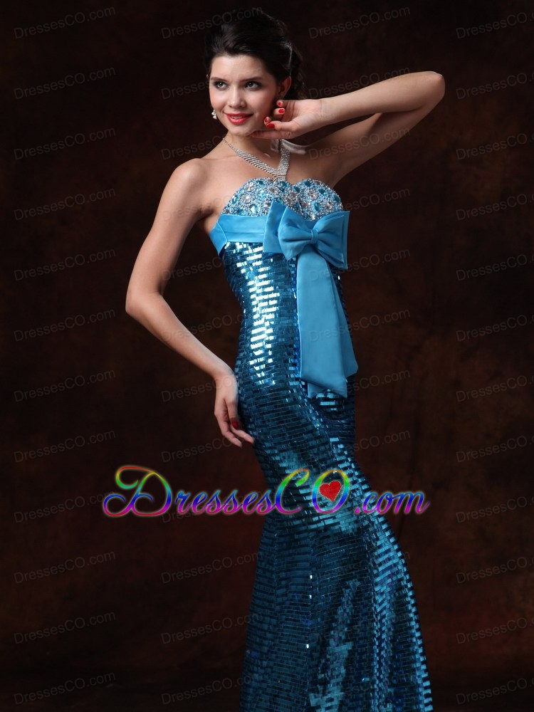 Paillette Over Skirt Bowknot Prom Gowns with Beading Custom Made