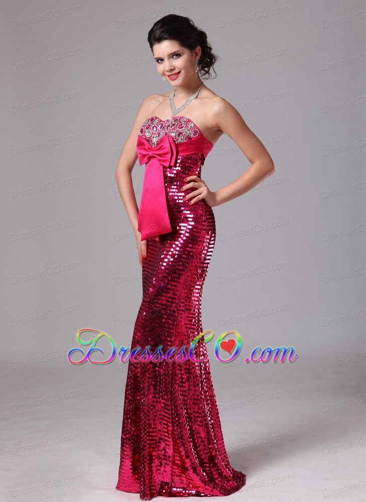 Paillette Over Skirt Hot Pink Bowknot Mermaid Stylish Prom Celebrity Dress For Custom Made