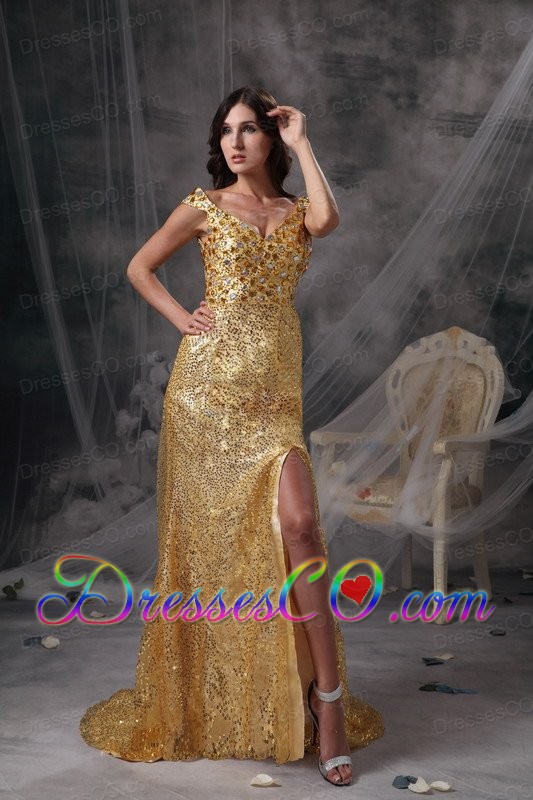 Low Price Gold Empire V-neck Evening Dress Sequin Beading And Ruched Long
