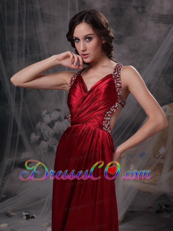 Wine Red Empire V-neck Prom Dress Beading and Ruched Taffeta
