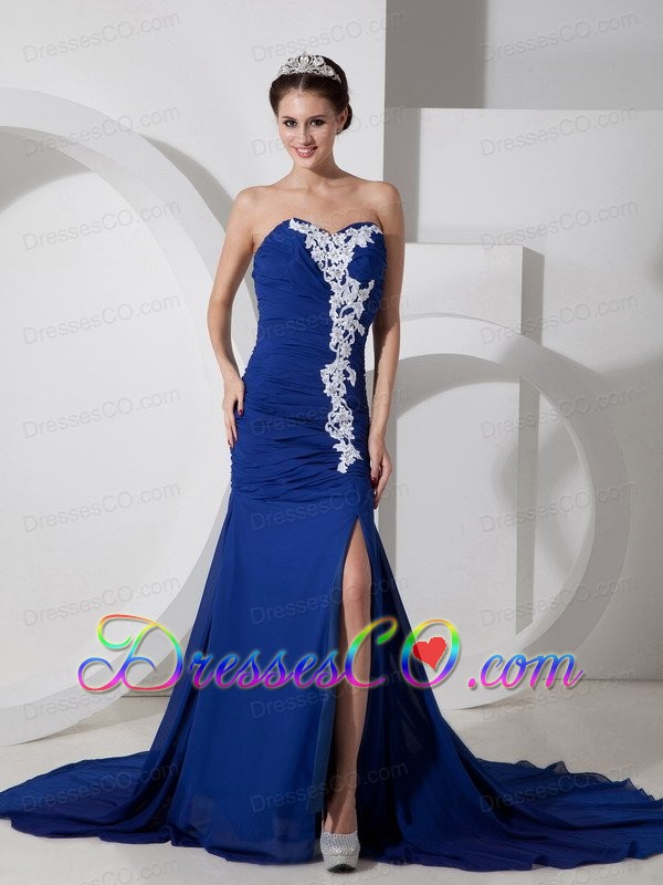 Peacock Blue Chiffon Prom Dress with Appliques and Ruche