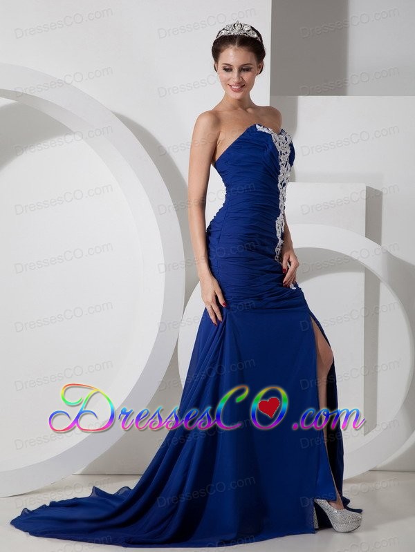 Peacock Blue Chiffon Prom Dress with Appliques and Ruche