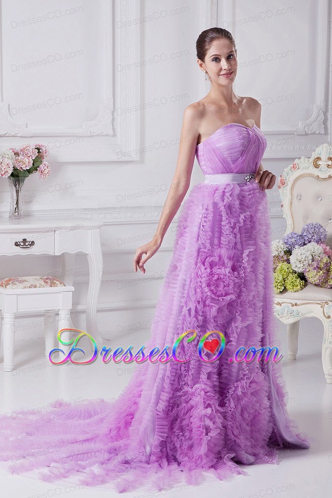 Beading and Ruffles Decorate Bodice Lavender Prom Dress For Brush Train Organza