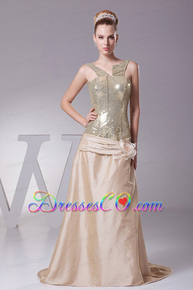 Hand Made Flower Decorate Sequin and Satin Champagne Brush Train Prom Dress